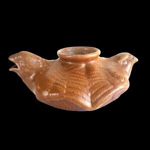 Vintage Ceramic Sake Bottle Double Eagle Head Planter Desk Organizer Art Pottery